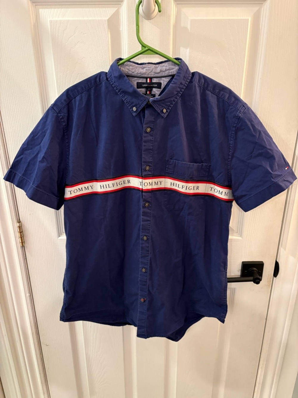 Vintage Tommy Hilfiger Navy Short-Sleeve Button-Down with Branded Chest Tape